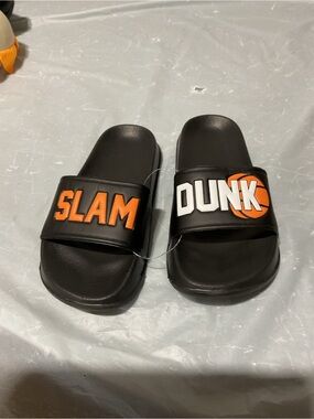 Black Slide Sandals with 'SLAM DUNK' Orange & White Logo